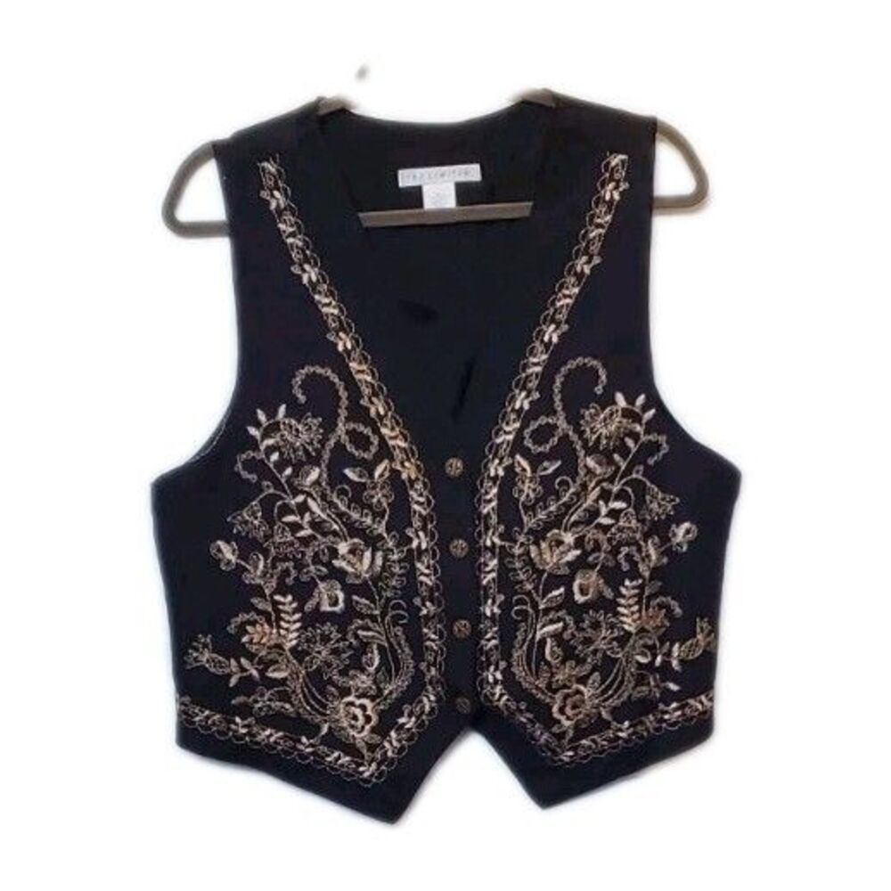 VINTAGE THE LIMITED L Embroidered  Vest Black  Gold Layering 80s 90s Made In USA
